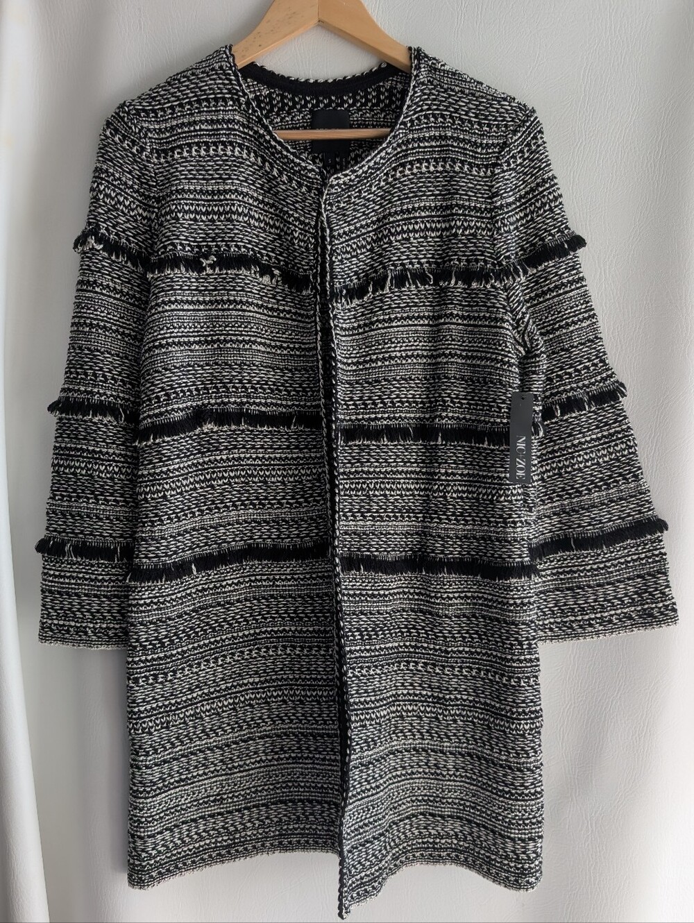 NIC+ZOE Black & White Fringe-Trim Knit Long Cardigan Coat - S
